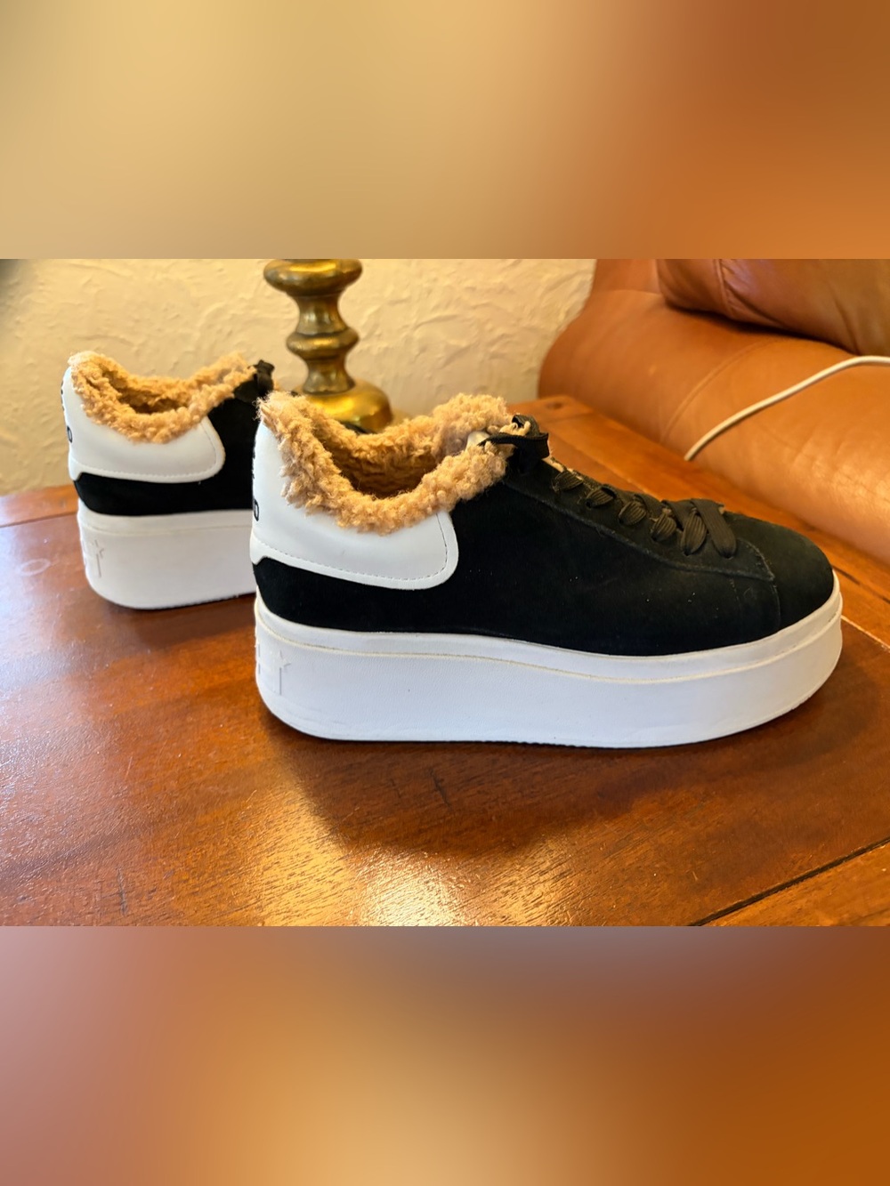 Ash X Moby BE KINDBlack and White Platform Sneakers with Tan Faux-Shearling Trim